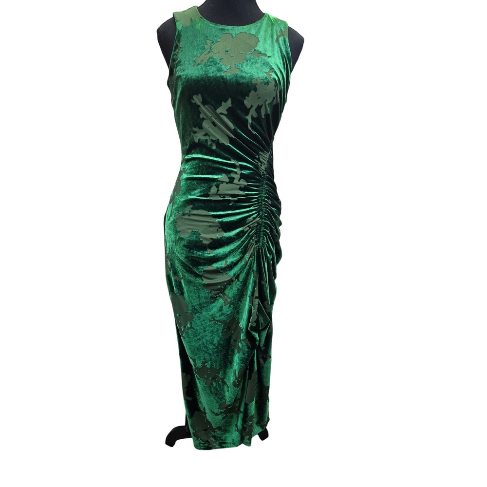 Taylor Womens Emerald Green Burnout Velvet Floral Ruched Midi Dress Size 4 Event